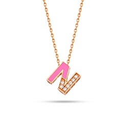 0.04 CT Pırlanta Taşlı Ve Pembe Mineli N Harf Kolye - 1