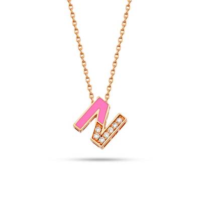 0.04 CT Pırlanta Taşlı Ve Pembe Mineli N Harf Kolye - 1